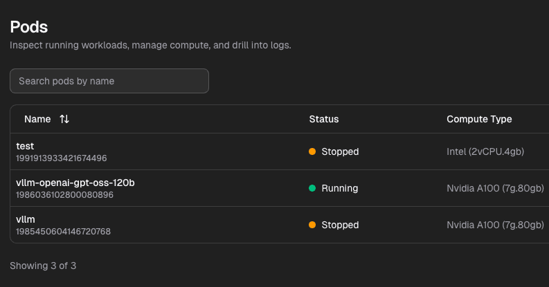 Dashboard overview showing pod deployments and metrics